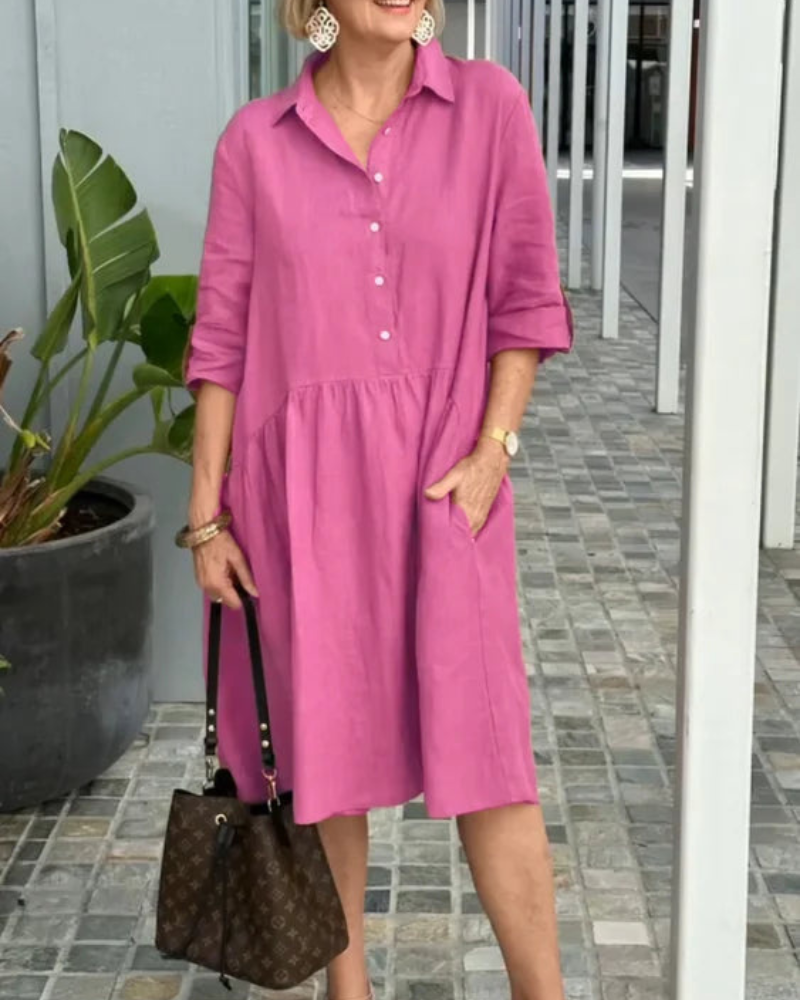 Vestido Midi Elegante Manga Corta Botones - Vestiria