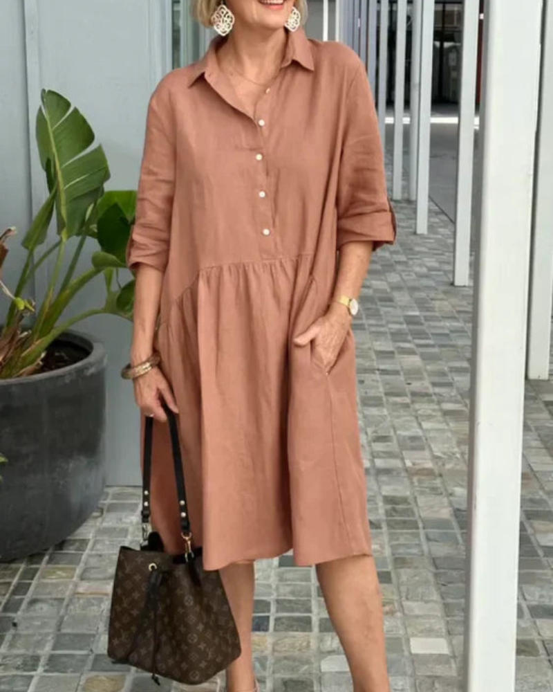 Vestido Midi Elegante Manga Corta Botones