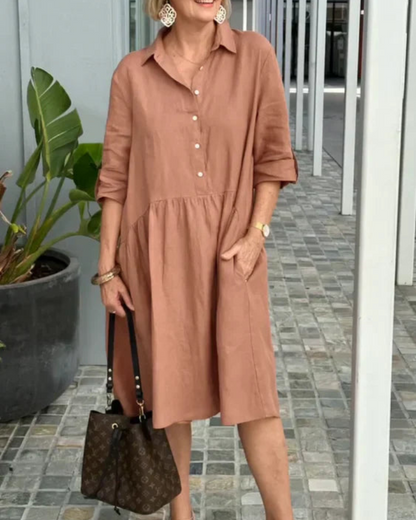 Vestido Midi Elegante Manga Corta Botones