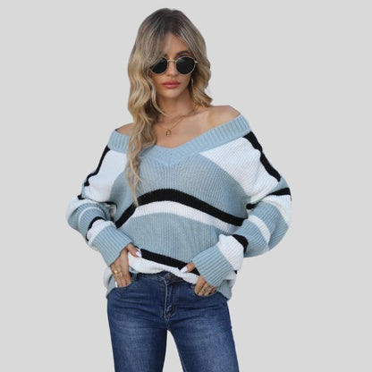 Sudadera casual con cuello en V y rayas coloridas