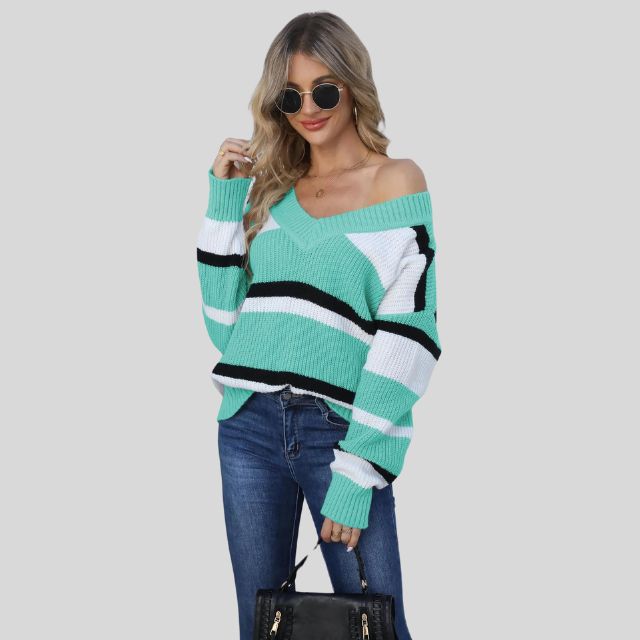 Sudadera casual con cuello en V y rayas coloridas