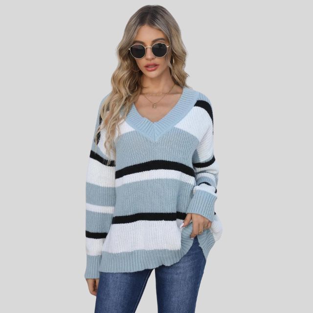 Sudadera casual con cuello en V y rayas coloridas - Vestiria