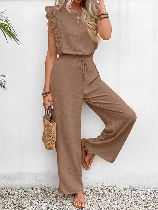 Conjunto mujer elegante sin mangas con encaje y pantalón ancho - Vestiria