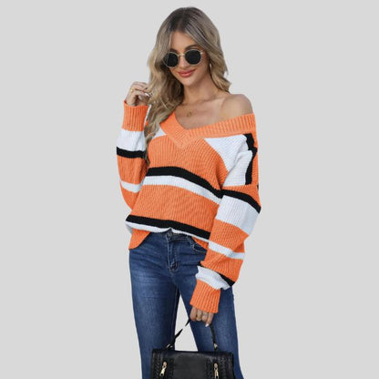 Sudadera casual con cuello en V y rayas coloridas