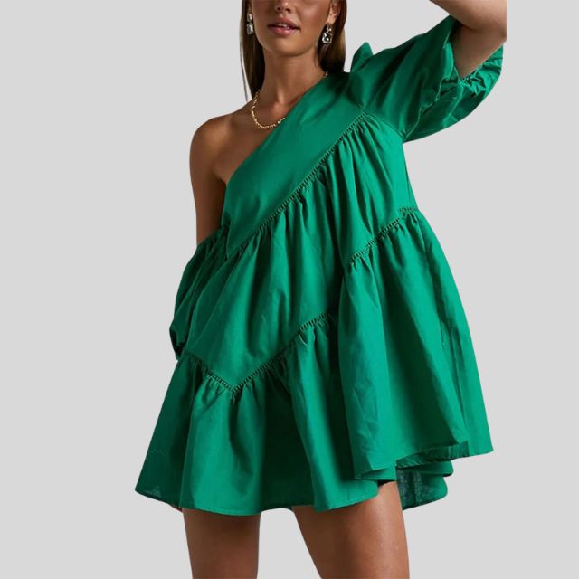 Vestido Corto Asimétrico con Volantes Femino - Vestiria