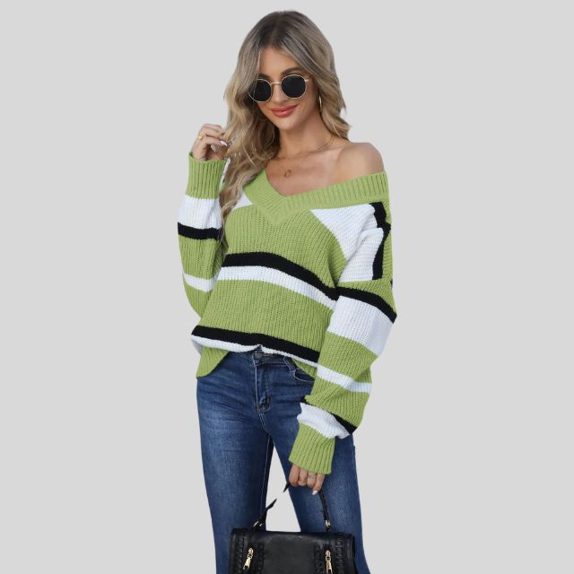 Sudadera casual con cuello en V y rayas coloridas