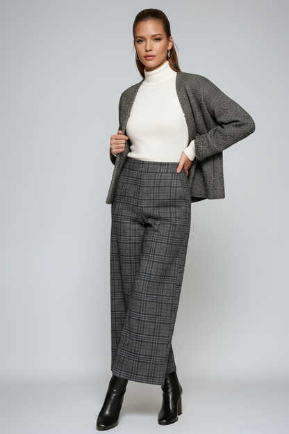 Pantalón Mujer Cuadriculado Cintura Alta Amplio
