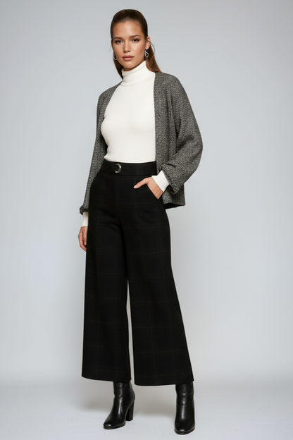 Pantalón Mujer Cuadriculado Cintura Alta Amplio