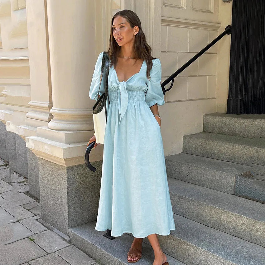 Vestido Midi Retro con Mangas Voladas