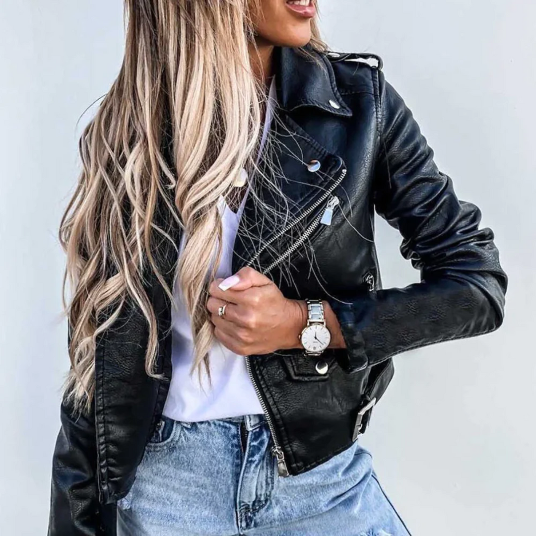 Chaqueta Cuero Mujer Estilo Motero Clásico