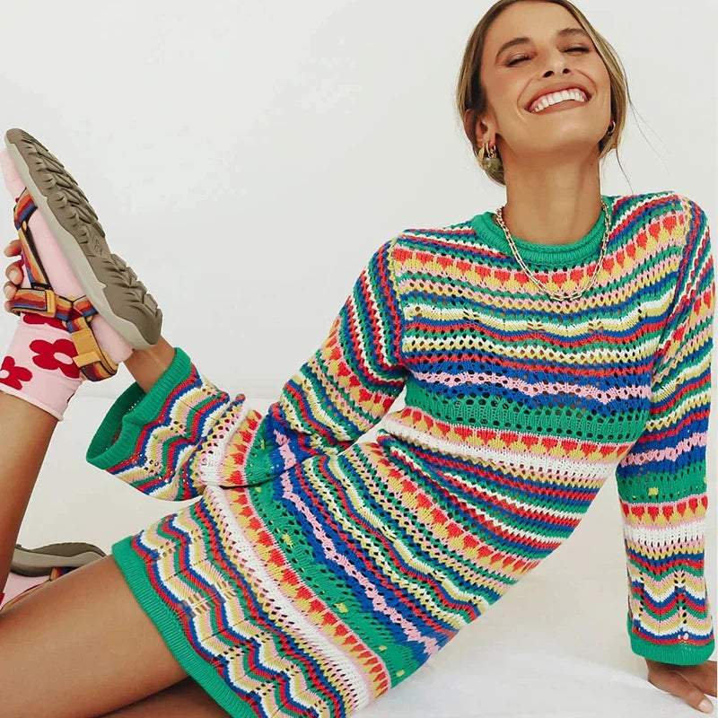 Vestido Hippie de Punto a Rayas