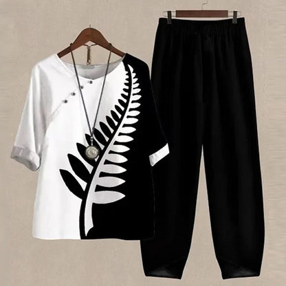 Blusa Flor y Pantalón Mujer Elegante