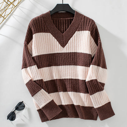 Sudadera de mujer a rayas cuello en V manga larga