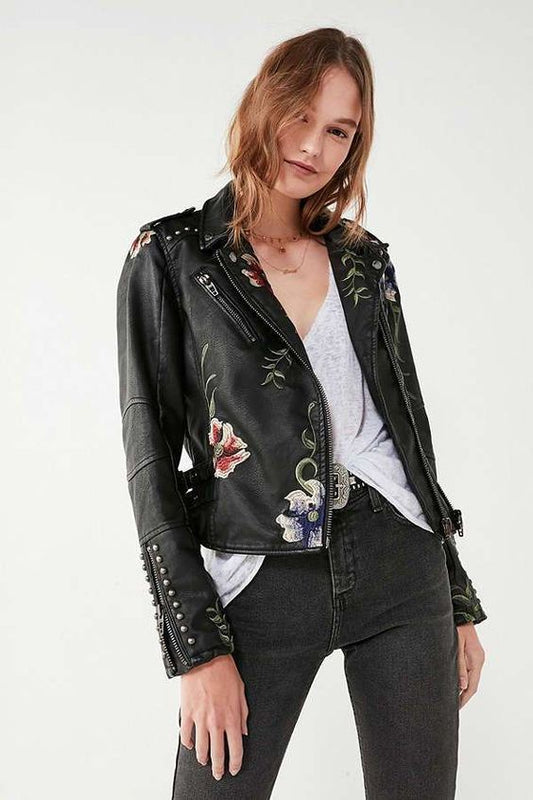 Chaqueta Cuero Mujer con Detalles Florales - Vestiria