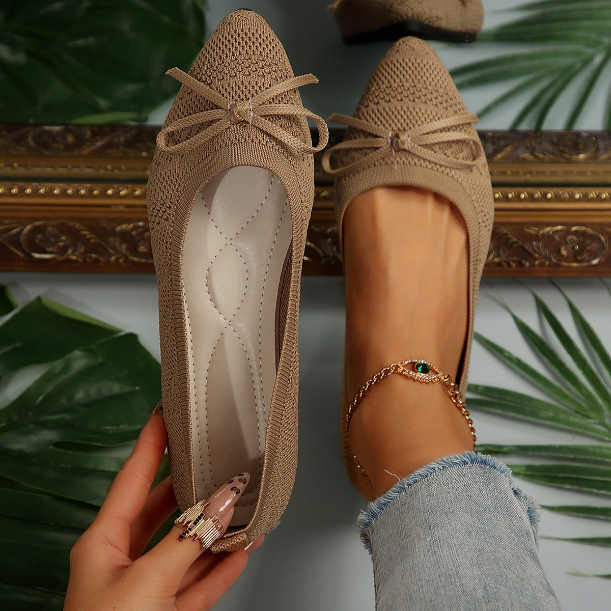 Zapatillas de punto cómodas con lazo para mujer