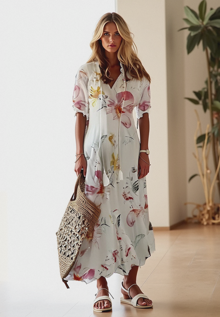 Vestido Largo Floral Estampado con Lazo Cintura - Vestiria