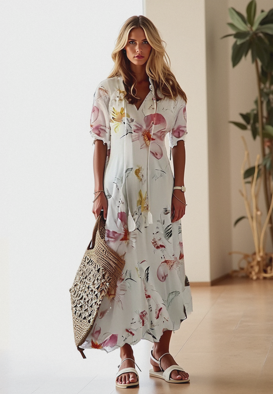 Vestido Largo Floral Estampado con Lazo Cintura - Vestiria