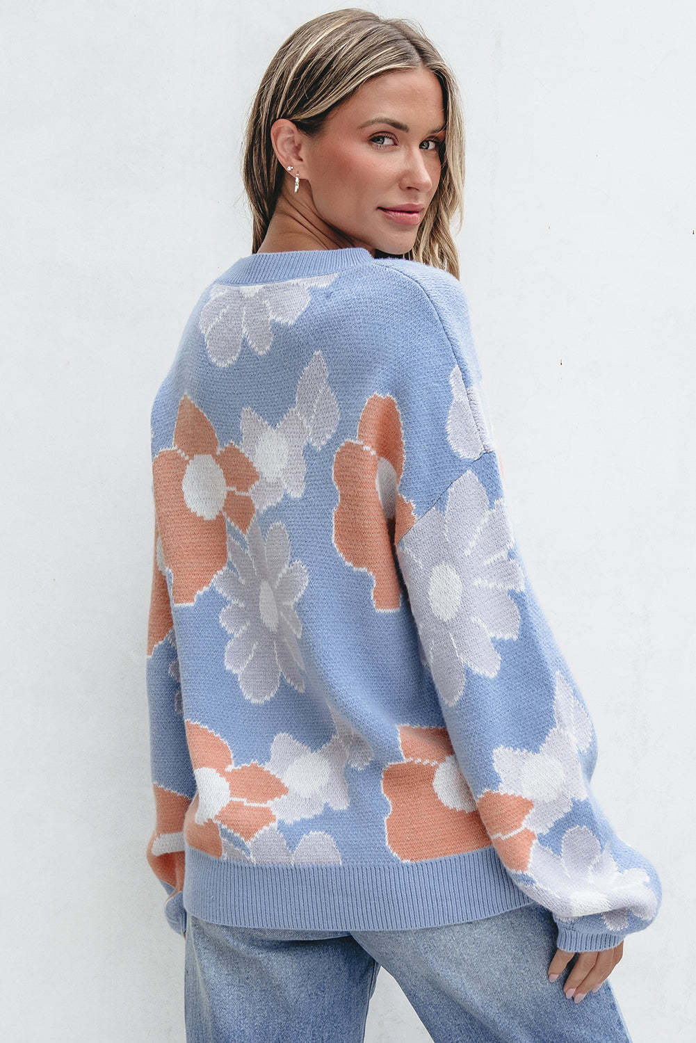Jersey Florado Azul Con Cuello Redondo