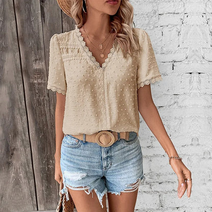 Blusa de Encaje con Pico y Mangas Voladas