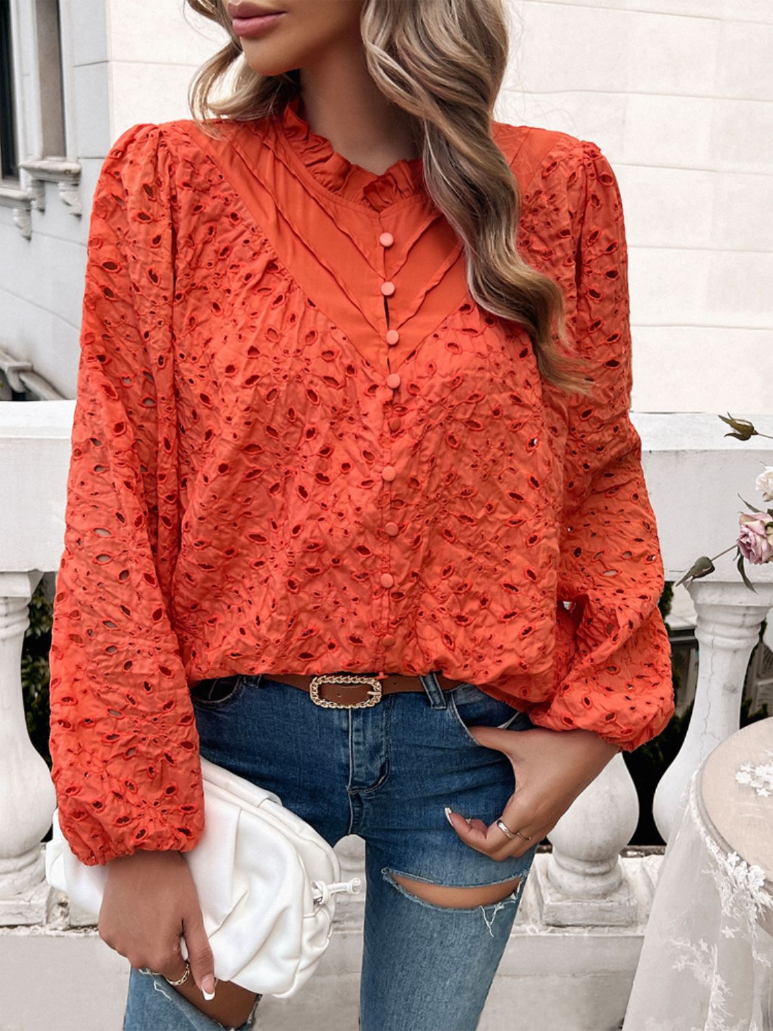 Blusa Mujer Elegante Cuello Redondo Volantada