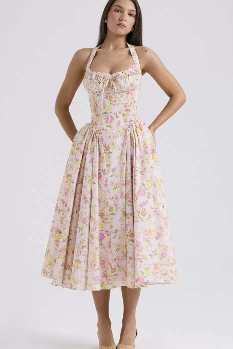 Vestido Midi Estampado con Cuello Halter Mujer - Vestiria