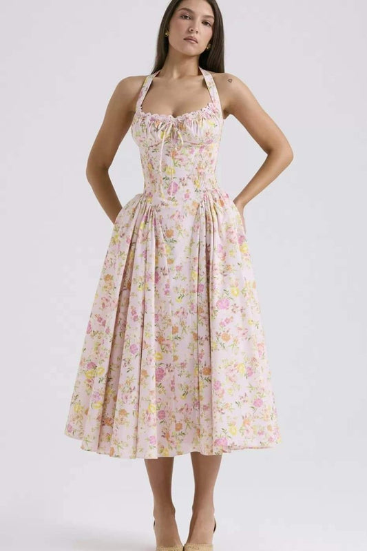 Vestido Midi Estampado con Cuello Halter Mujer - Vestiria