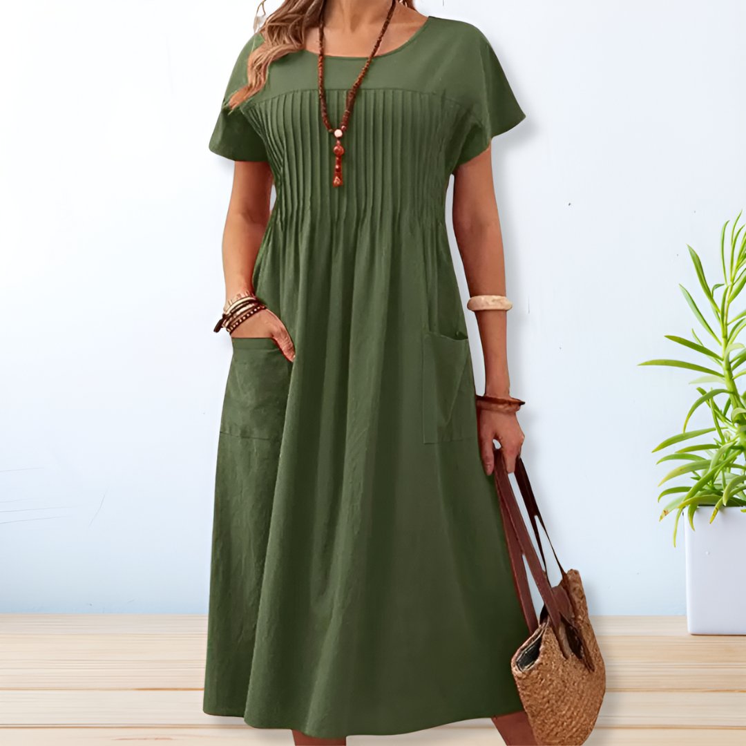 Vestido Midi Plisado Con Bolsillos - Vestiria