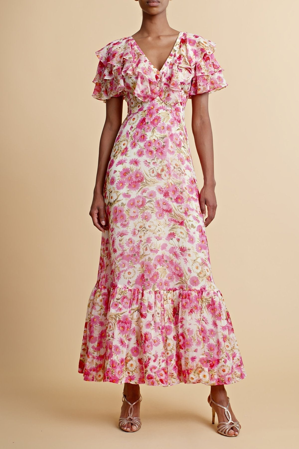 Vestido Midi Florado con Volantes Elegante - Vestiria