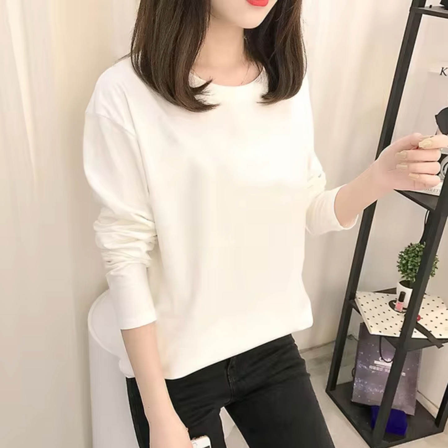 Camisa Algodón Manga Larga Cuello Redondo Clásica