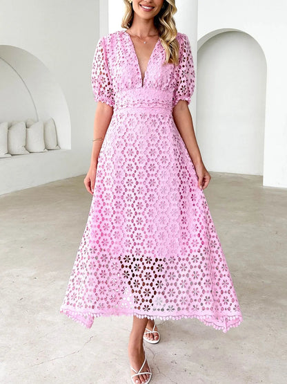 Vestido Midi Encaje Elegante Mangas Voladas