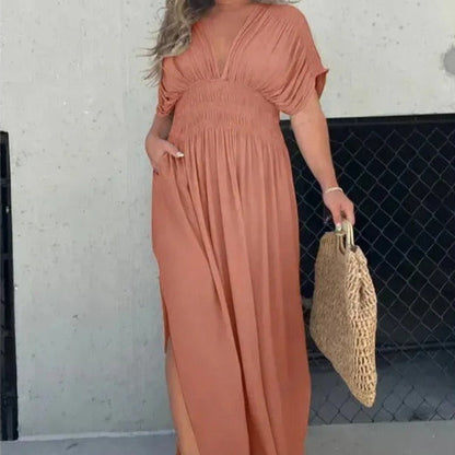 Vestido Mujer Largo Escote V Cintura Fruncida Elegante
