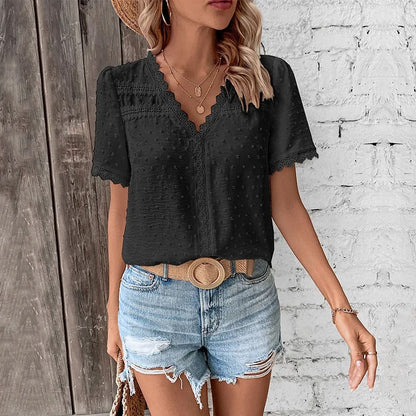 Blusa de Encaje con Pico y Mangas Voladas - Vestiria