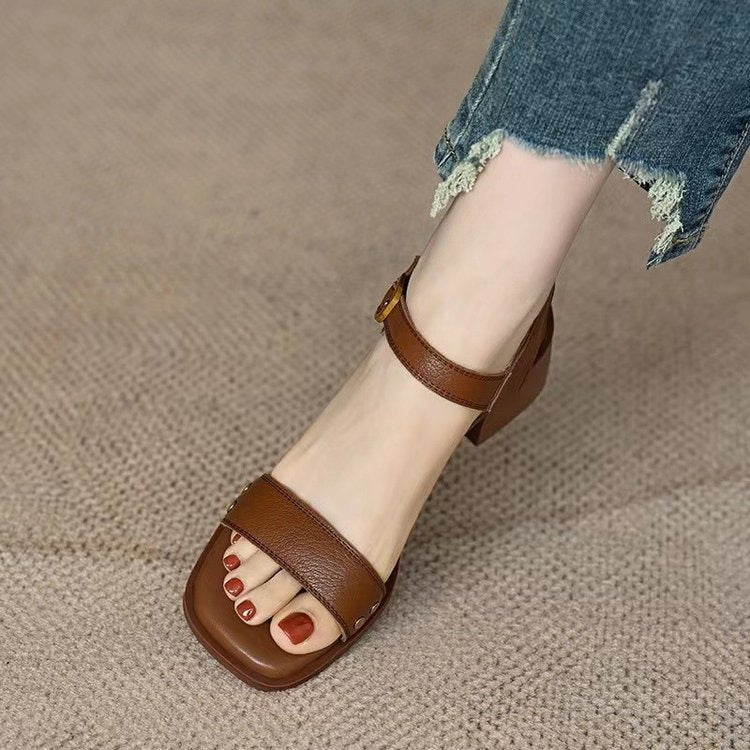 Sandalias Mujer Puntera Cuadrada Tacón Ancho Ajustable - Vestiria