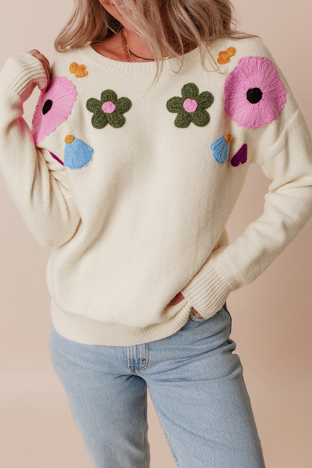 Jersey de punto floral con cuello acanalado - Vestiria