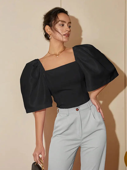 Top de Raso Elegante Mangas Voladas