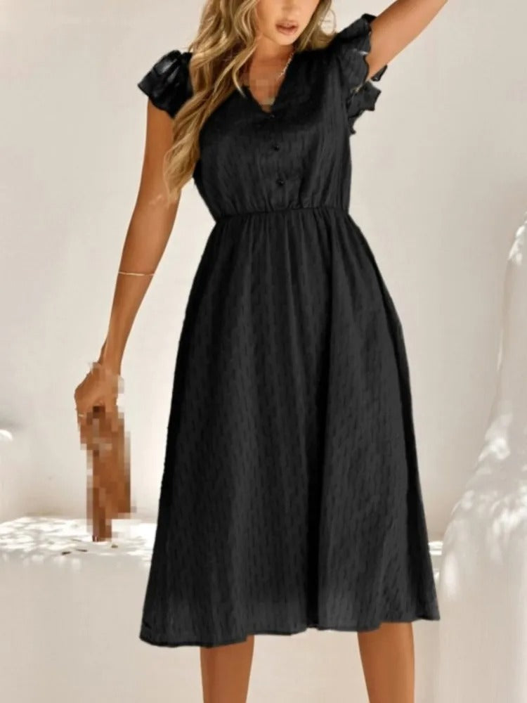 Vestido Midi Elegante Cuello V Manga Ancha - Vestiria