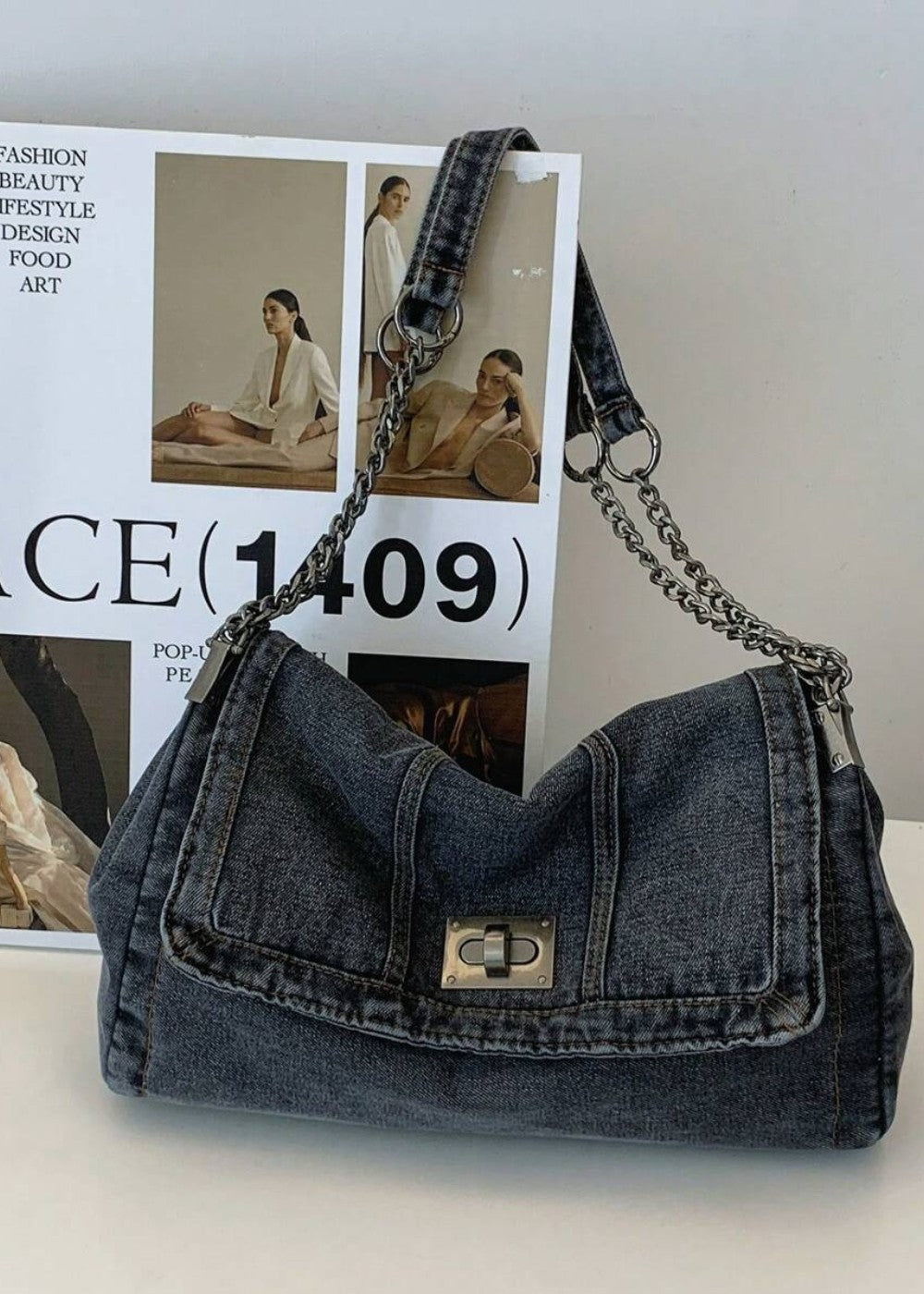 Bolso Mujer Azul Jeans con Cadena Moderna