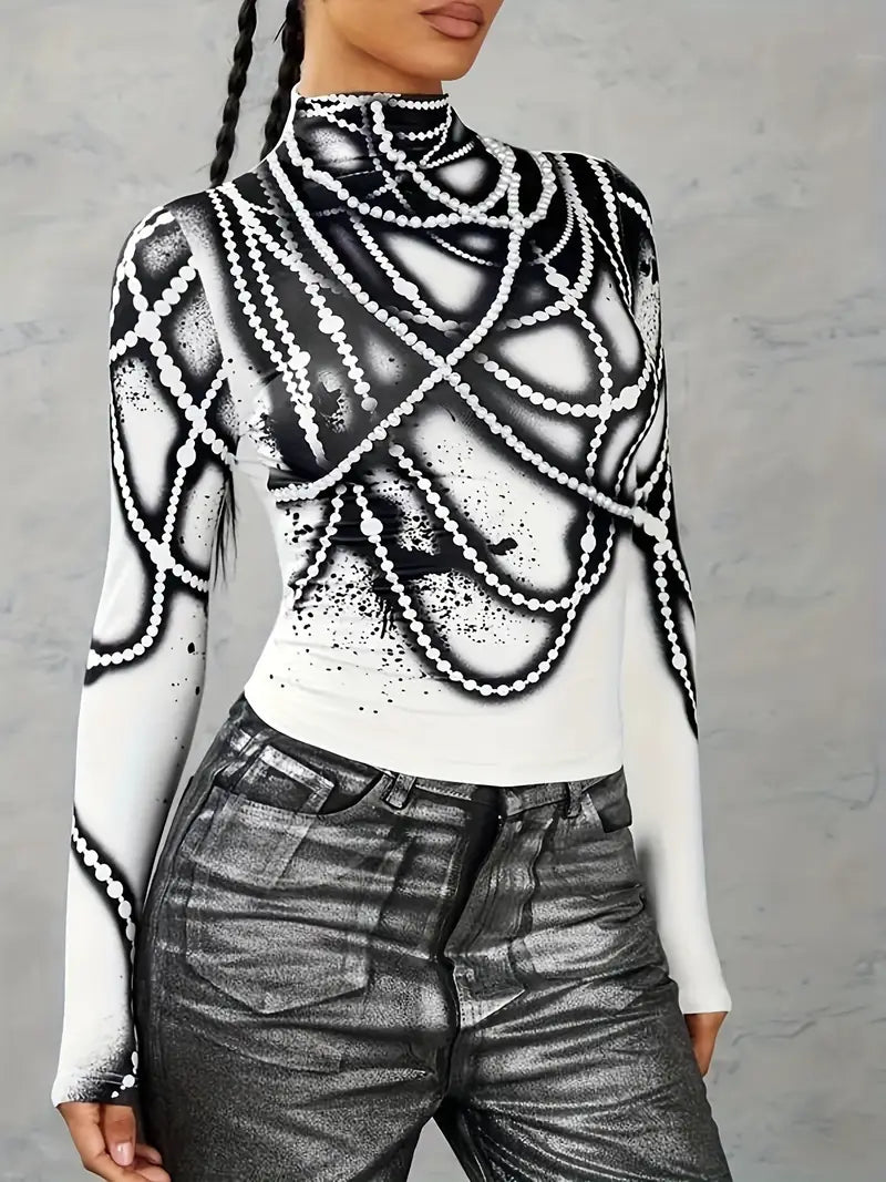 Top de manga larga estampado cuello alto femenino - Vestiria