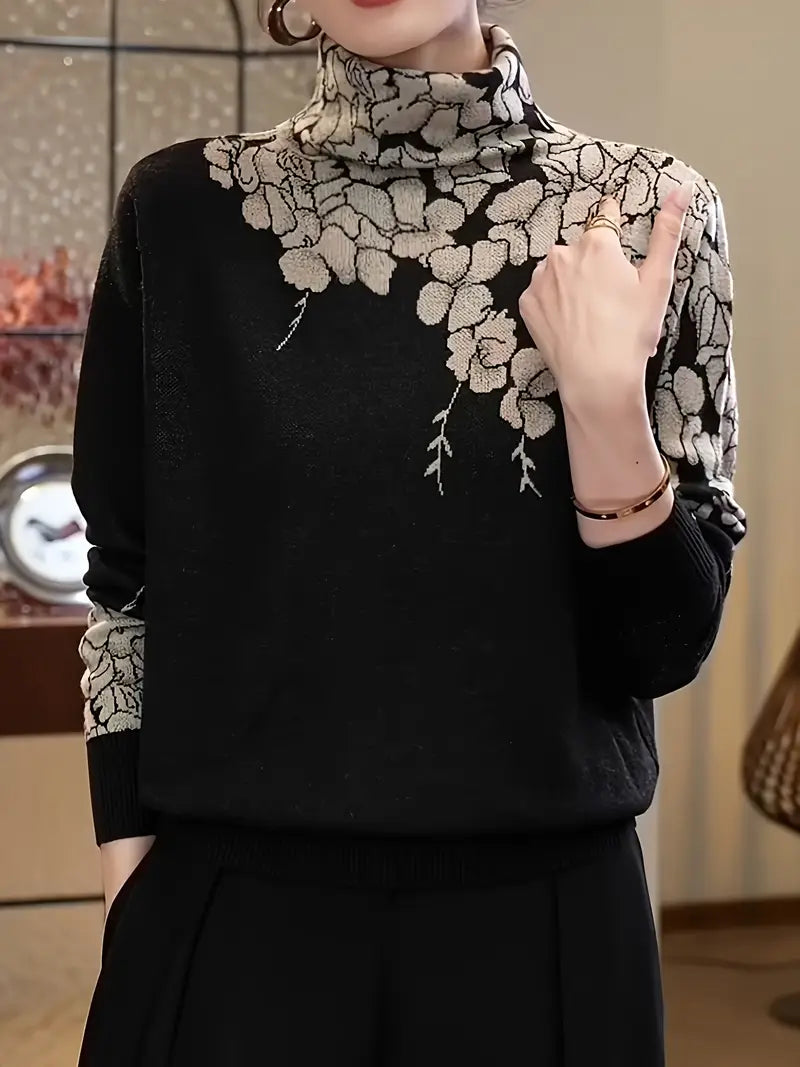 Jersey de Punto Floral Cuello Alto Elegante - Vestiria