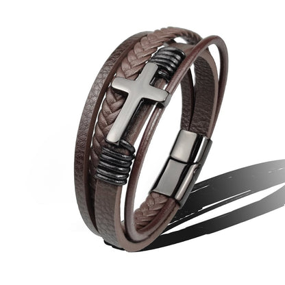Pulsera Hombre Cuero Trenzado con Cruz Metálica