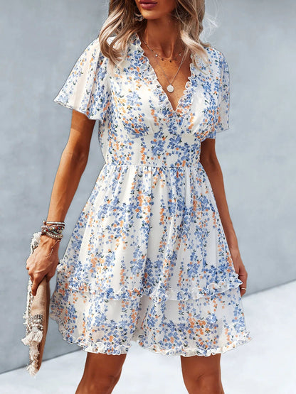 Vestido Corto Florado con Mangas Voladas - Vestiria