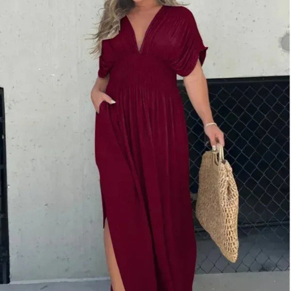 Vestido Mujer Largo Escote V Cintura Fruncida Elegante