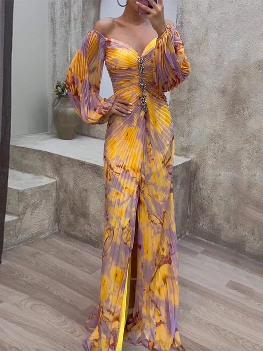 Vestido de Noche Largo con Mangas Voladas - Vestiria
