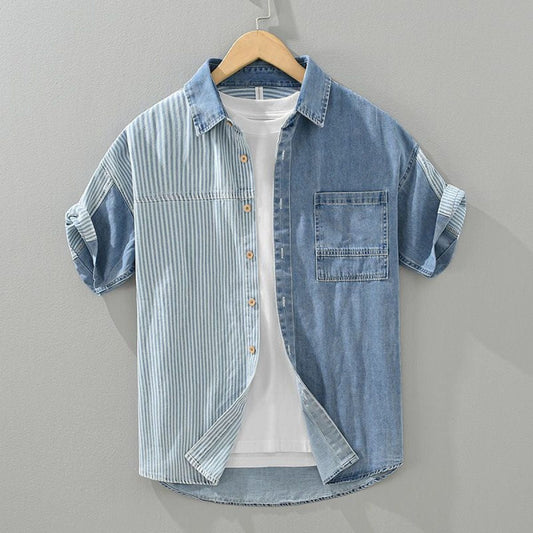 Camisa hombre azul a rayas manga corta - Vestiria