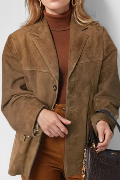 Chaqueta de cuero marrón clásica con bolsillos