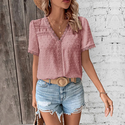 Blusa de Encaje con Pico y Mangas Voladas