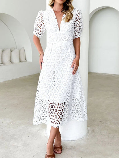 Vestido Midi Encaje Elegante Mangas Voladas