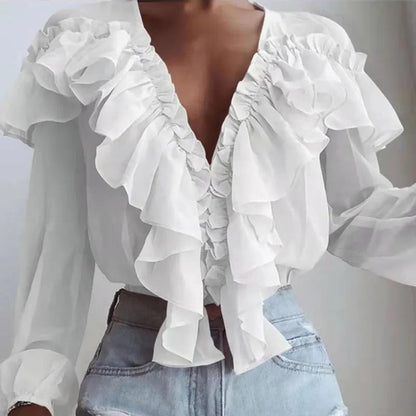 Blusa Mujer Elegante con Volantes y Cuello en V