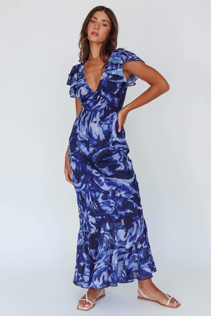 Vestido Largo Floral con Encaje y Escote en V - Vestiria