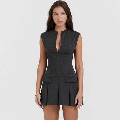 Vestido Cónico sin Mangas Falda Plisada - Vestiria
